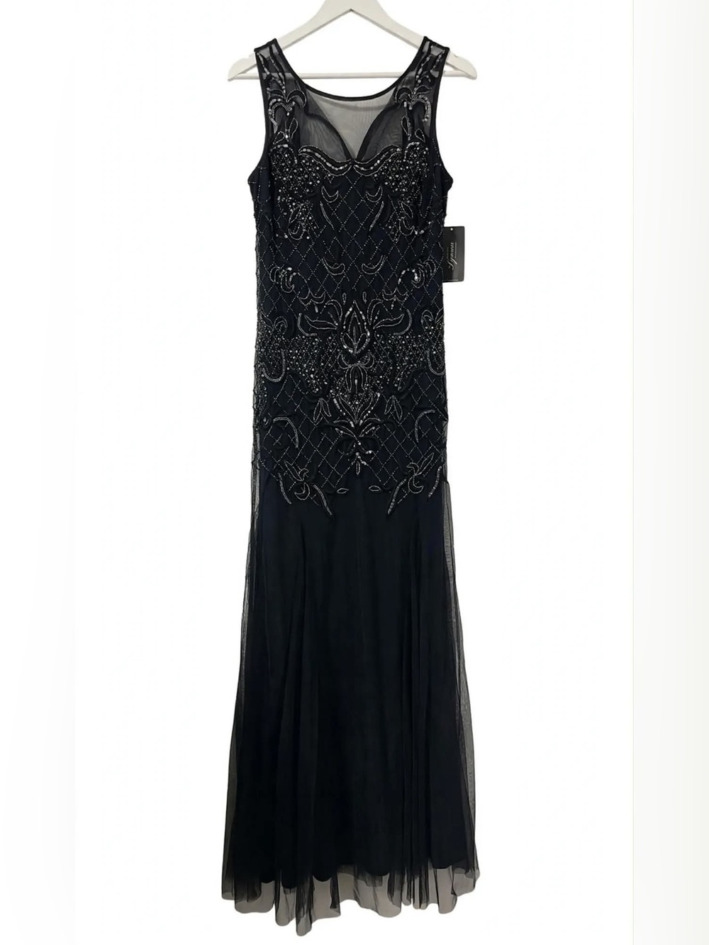 NWT Frank Lyman 188110I Size 12 Black Beaded Sequin Illusion Tulle Evening Gown